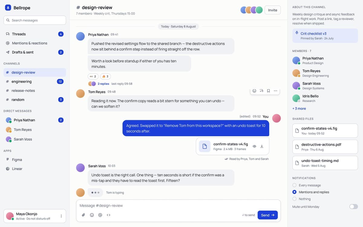 Bellrope messaging app — a light three-column chat interface with a design-review channel, threaded replies and a shared files panel.