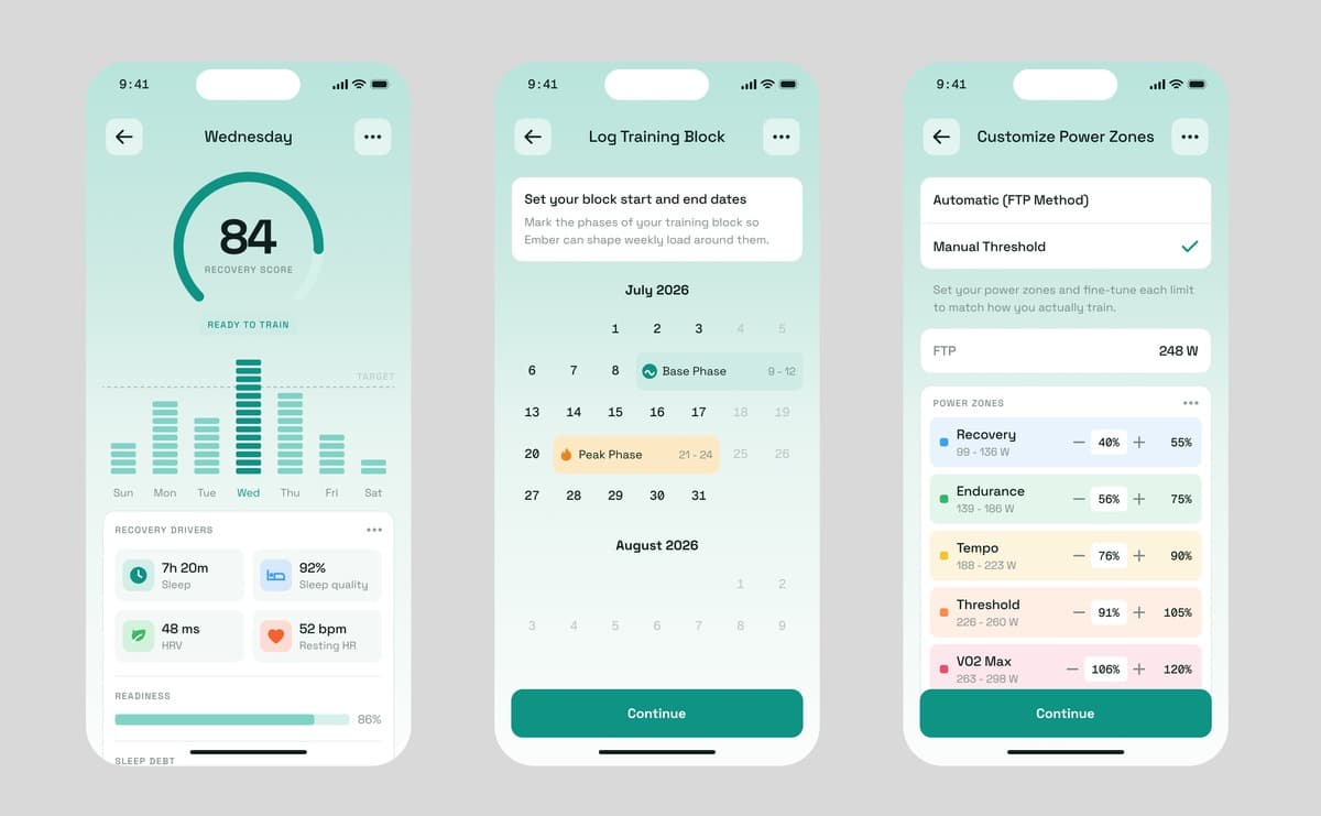 Ember training app — three mint-toned phone screens showing a recovery score, a training block calendar and editable power zones.