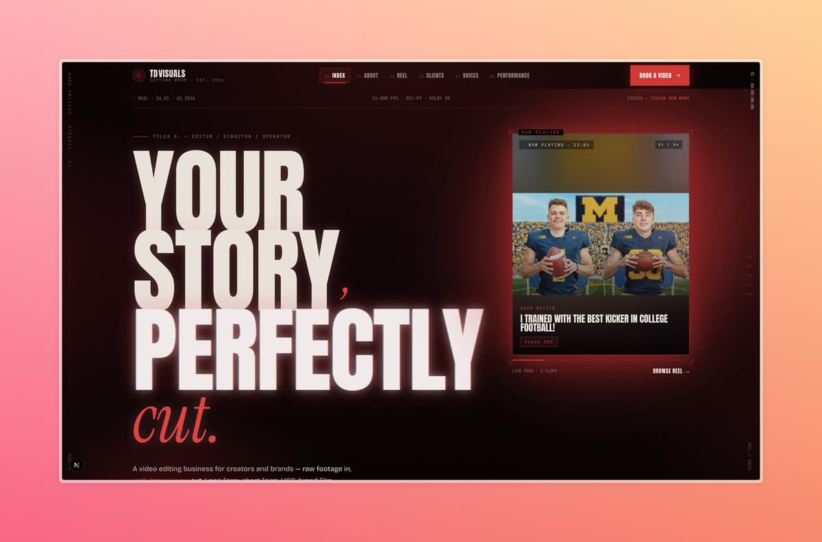 TD Visuals website — a dark portfolio homepage with large display type reading Your story, perfectly cut, beside a now-playing reel panel.